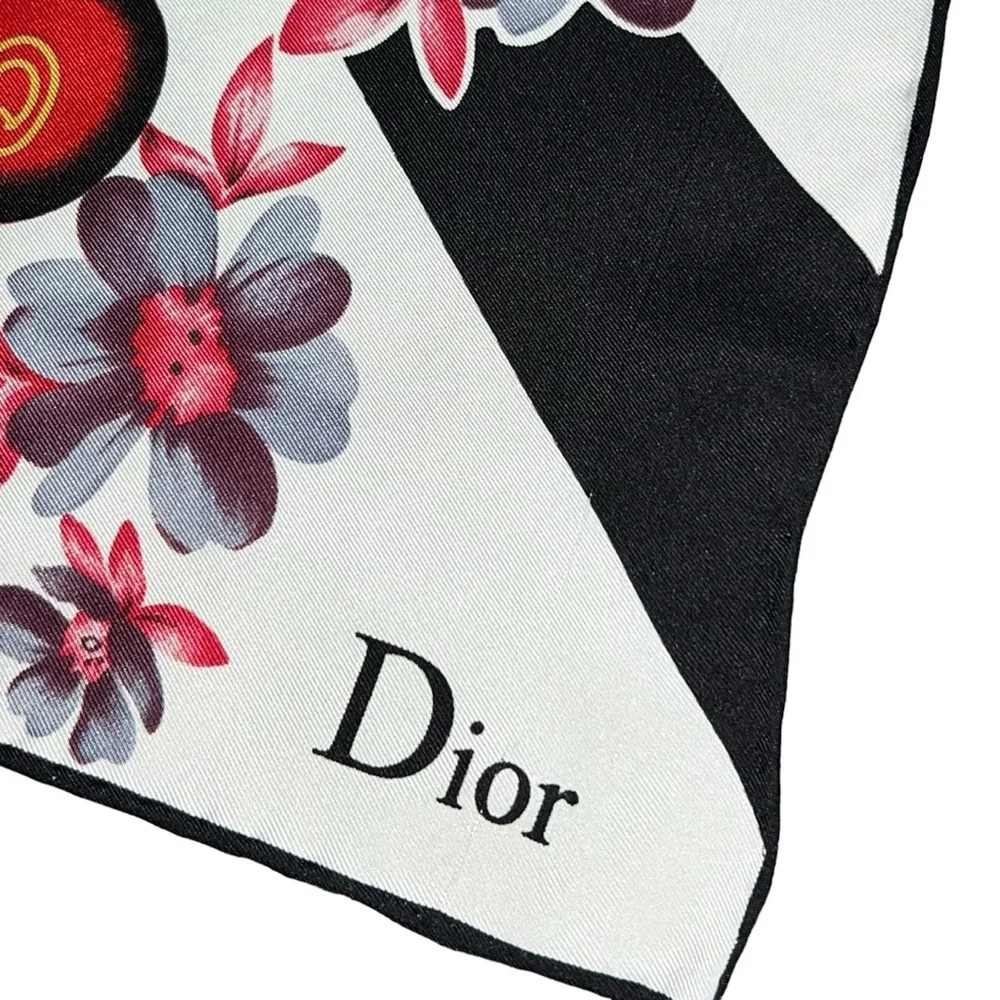 AUTH VTG Christian Dior Dolls Logo Floral Print Silk Large Square Scarf Top